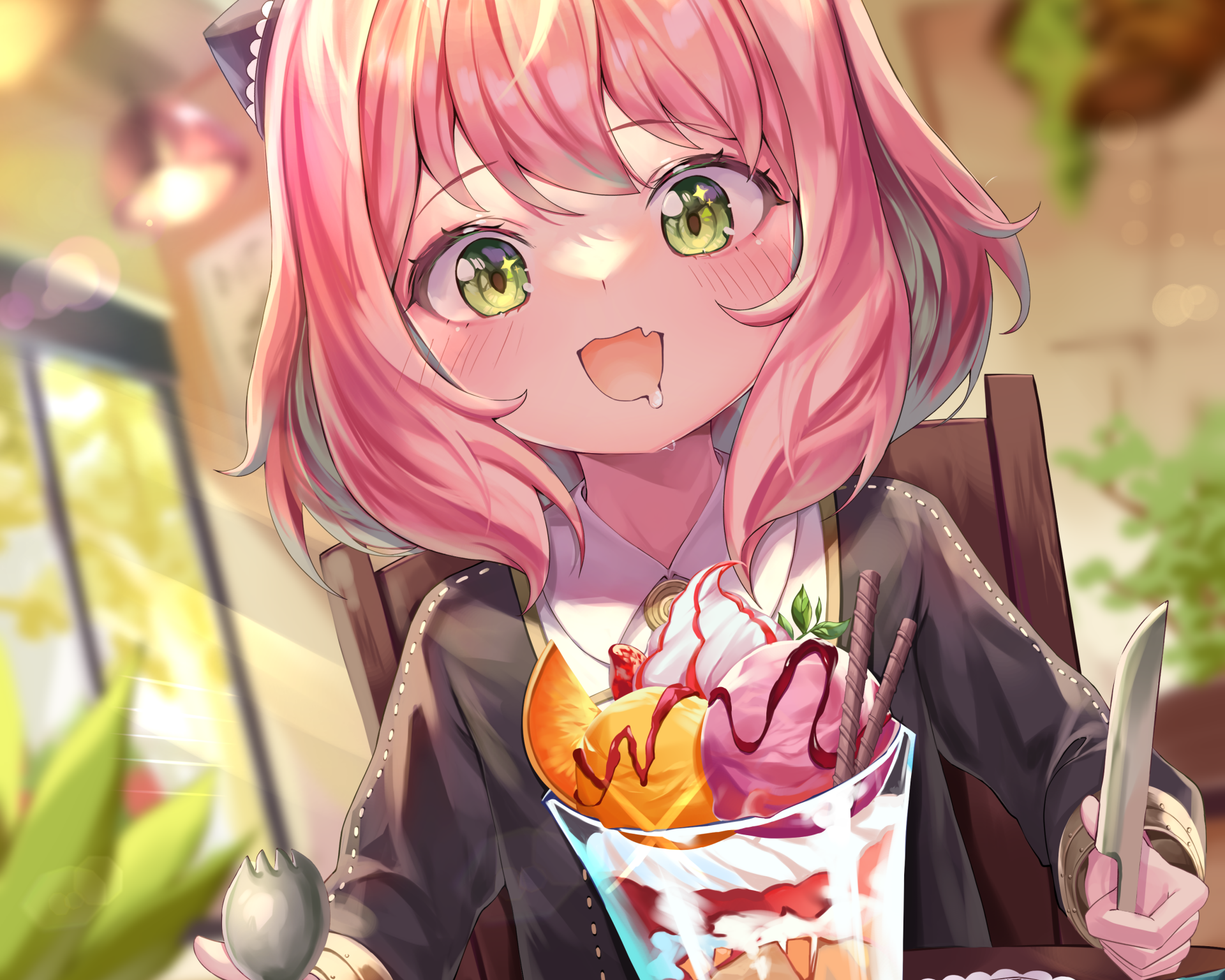 HD PC desktop wallpaper featuring Anya Forger from the anime Spy x Family, showcasing her bright expression and a colorful dessert in a vibrant setting.