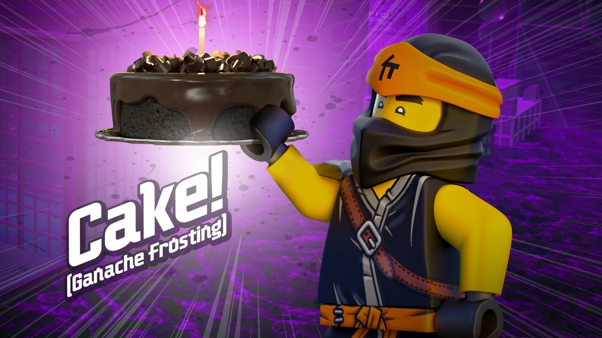 HD PC desktop wallpaper featuring Cole from the TV show Lego Ninjago: Masters of Spinjitzu holding a chocolate cake with ganache frosting against a purple background.