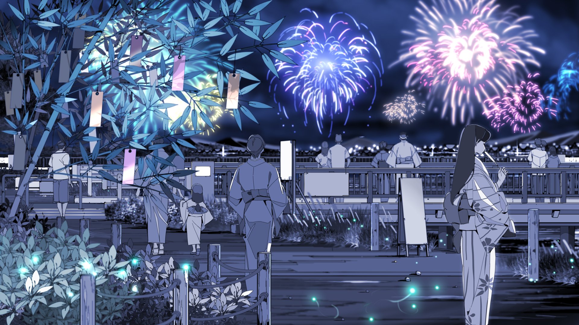 Download Tanabata Summer Yukata Fireworks Anime People Anime Summer HD Wallpaper