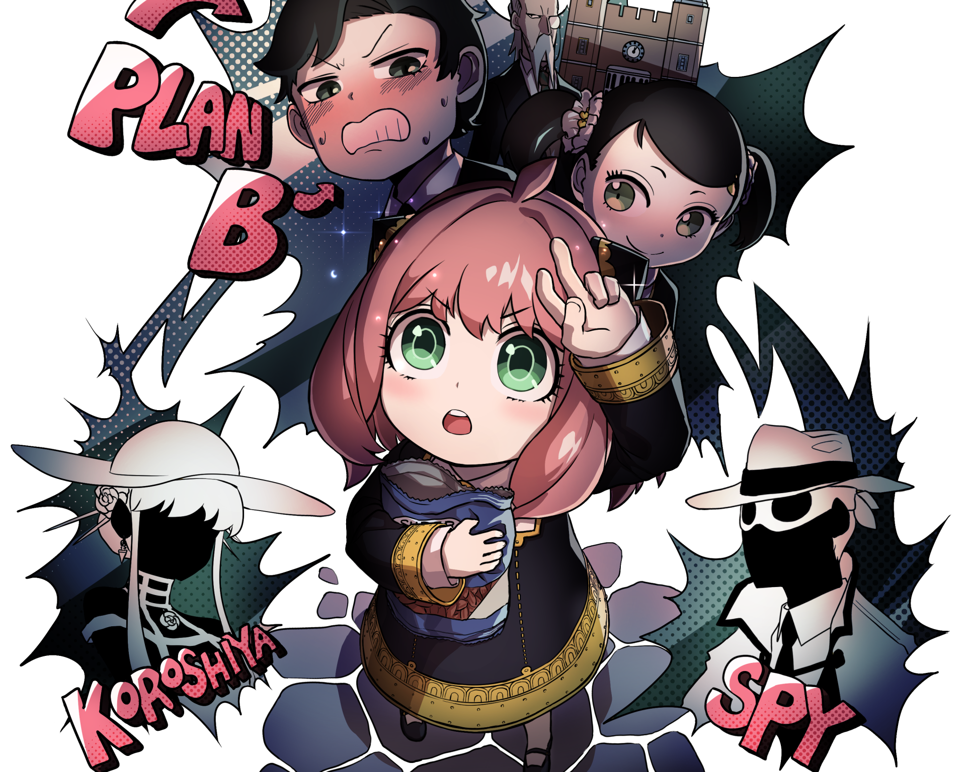 HD PC desktop wallpaper featuring Anya Forger from the anime Spy x Family in a vibrant, dynamic chibi-style design with bold colors and expressive poses.