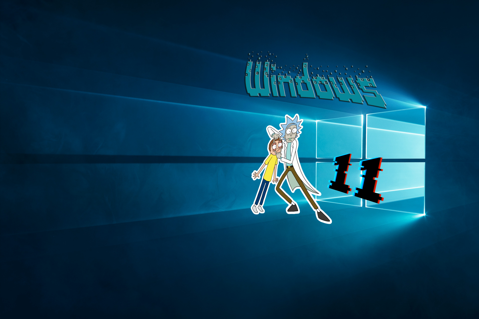 4K Ultra HD Windows 11 PC desktop wallpaper showing a glowing Windows pane on a deep blue technology-themed background with Rick and Morty and dynamic light streaks.