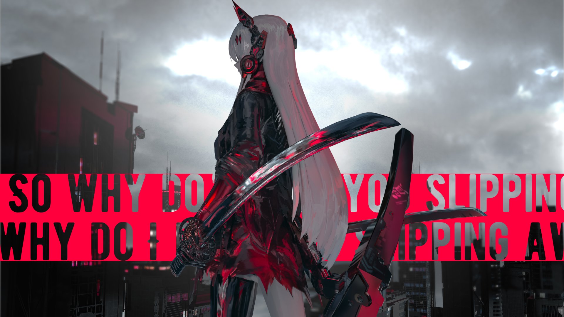 4K Ultra HD PC desktop wallpaper featuring a character from the video game Punishing: Gray Raven wielding a katana against a dramatic cloudy sky and red text backdrop.