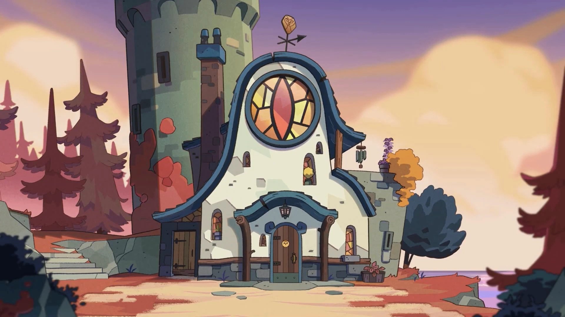 HD PC desktop wallpaper featuring a whimsical building from the TV show The Owl House at sunset, with warm colors and a fantasy art style.