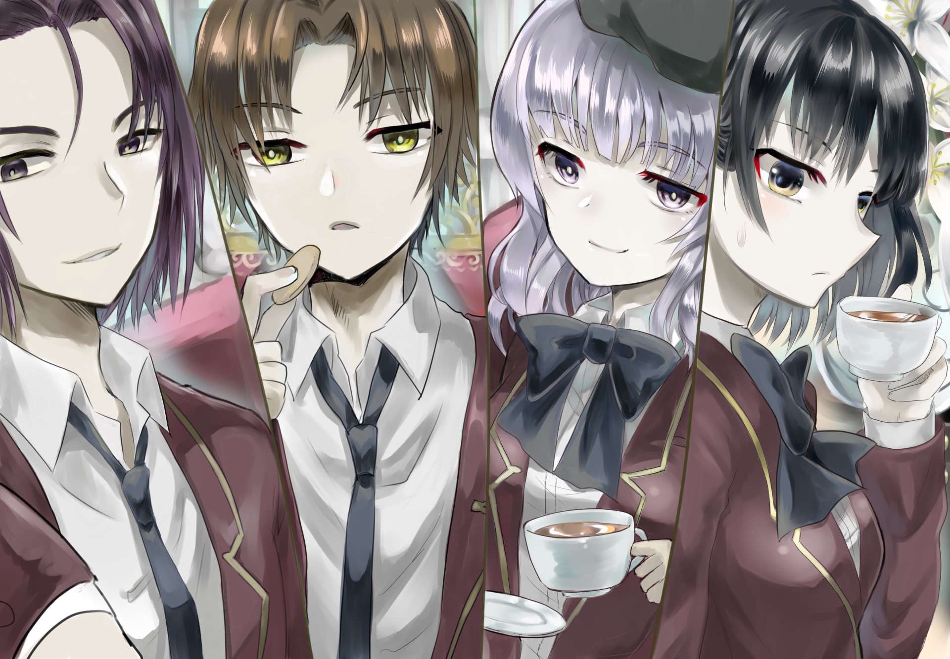 Classroom of the Elite anime 2K Quad HD PC wallpaper: four students in maroon uniforms in a classroom, holding teacups and wearing confident, enigmatic expressions.