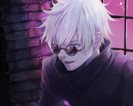 HD anime desktop wallpaper featuring Satoru Gojo from Jujutsu Kaisen with white hair, dark sunglasses, and a mysterious expression against a dimly lit background.