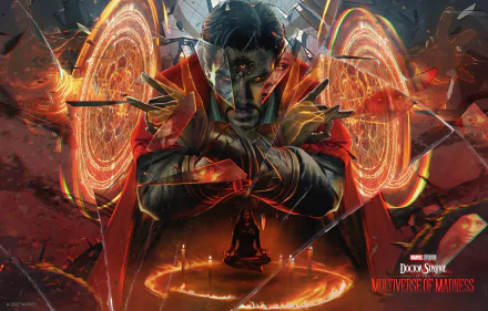 HD desktop wallpaper from the movie Doctor Strange in the Multiverse of Madness, featuring Doctor Strange surrounded by magical symbols and shattered glass with the movie title at the bottom right.