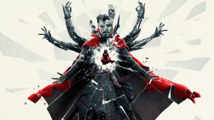 HD PC desktop wallpaper featuring Benedict Cumberbatch as Doctor Strange from the movie Doctor Strange in the Multiverse of Madness, with a shattered glass effect and multiple arms.