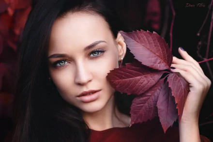 HD PC desktop wallpaper featuring a close-up of a woman with striking blue eyes holding deep red leaves, tagged with Angelina Petrova.
