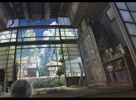A serene anime room features a vibrant view of a lush landscape and distant buildings, blending nature with artistic interior design. This HD wallpaper adds charm to any desktop background.