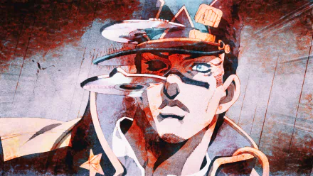 HD PC desktop wallpaper: Jotaro Kujo from JoJo's Bizarre Adventure, close-up stylized portrait with his hat, stern gaze, and red-blue textured background.