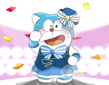 HD anime desktop wallpaper featuring Doraemon dressed in a cute sailor-style outfit with a bow, blushing and surrounded by colorful confetti on a soft pink background.