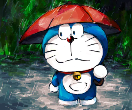 A vibrant 4K Ultra HD anime wallpaper of Doraemon holding a red umbrella in the rain, featuring rich colors and detailed background for PC desktop use.