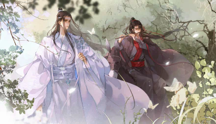 Anime-style HD desktop wallpaper featuring Wei Wuxian and Lan Wangji from Mo Dao Zu Shi, set in a serene, nature-filled background with soft lighting.
