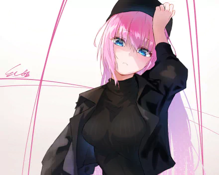 Micchon Shikimori from Shikimori's Not Just a Cutie — anime 2K Quad HD PC desktop wallpaper: pink‑haired girl in a black sweater, blue eyes, hand on head against a pale background.