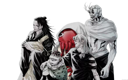HD PC wallpaper featuring Mahito, Jogo, Hanami, Suguru Geto, and Dagon from the anime Jujutsu Kaisen in a detailed, monochrome style.
