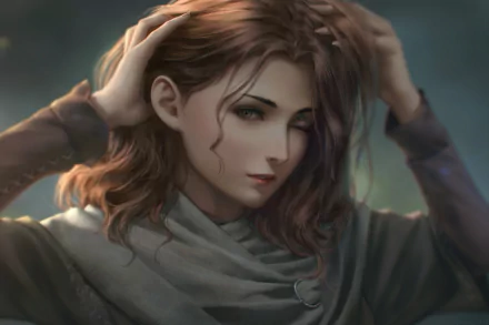 HD PC desktop wallpaper featuring Melina from the video game Elden Ring, showcasing her serene expression and detailed character design in a soft, muted color palette.