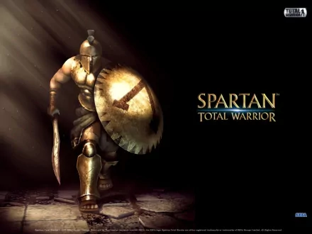 HD PC desktop wallpaper for the video game Spartan: Total Warrior — armored Spartan charging forward with round shield and sword amid dramatic light and shadow