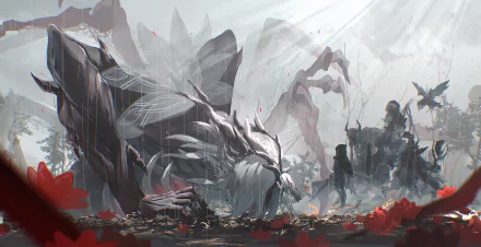 Video game HD PC desktop wallpaper/background for ENDER LILIES: Quietus of the Knights — a fallen white-haired knight among red petals, ghostly figures and jagged ruins beneath a pale, misty sky.