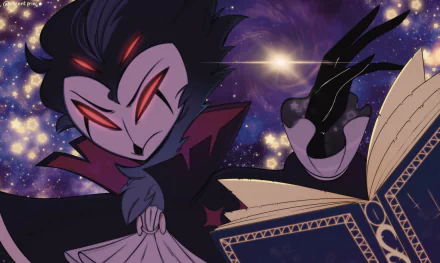 HD desktop wallpaper featuring Stolas from the TV show Helluva Boss, set against a starry cosmic background with a magical open book.