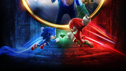 4K Ultra HD PC desktop wallpaper featuring Sonic the Hedgehog and Knuckles the Echidna from the Sonic the Hedgehog 2 movie, poised for action with the green emerald center stage.