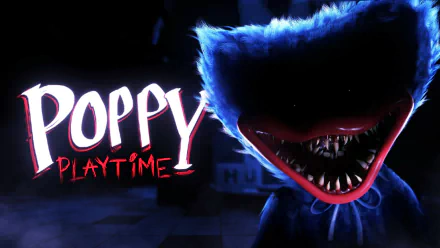 HD PC desktop wallpaper featuring Huggy Wuggy from the video game Poppy Playtime, showcasing the character's eerie smile in a dark, atmospheric setting.