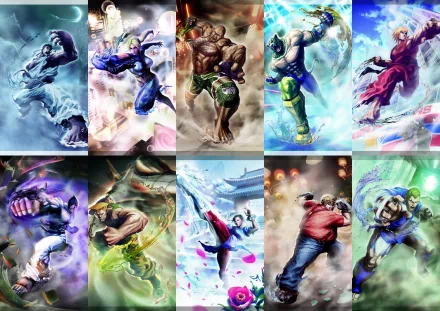 4K Ultra HD Street Fighter PC desktop wallpaper featuring dynamic, powerful depictions of iconic characters in vibrant action poses from the popular video game.