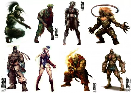 Stylized collage of Street Fighter characters in dynamic poses on a white backdrop — high-detail 5K Ultra HD PC desktop wallpaper and background.