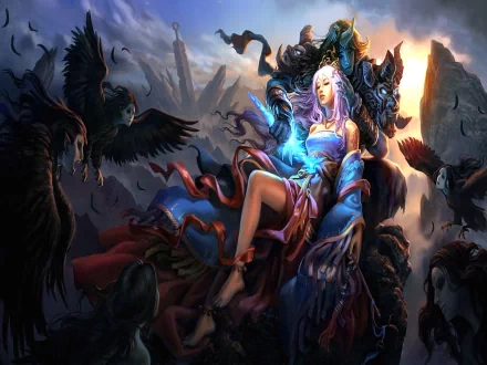 A high-definition fantasy and dark-themed desktop wallpaper featuring a mystical character surrounded by shadows and ravens, set against a dramatic and haunting background.