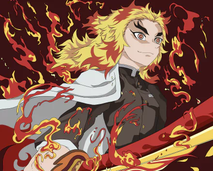 Kyojuro Rengoku from Demon Slayer: Kimetsu no Yaiba in a fiery stance, flames swirling around his sword and cloak — anime 4K Ultra HD PC desktop wallpaper.