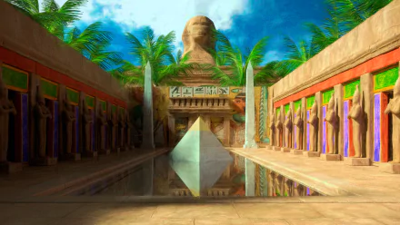  Sphinx overlooking a pool surrounded by statues