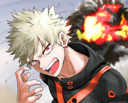 HD PC desktop wallpaper featuring Katsuki Bakugou from My Hero Academia with an intense expression and explosive background effects.
