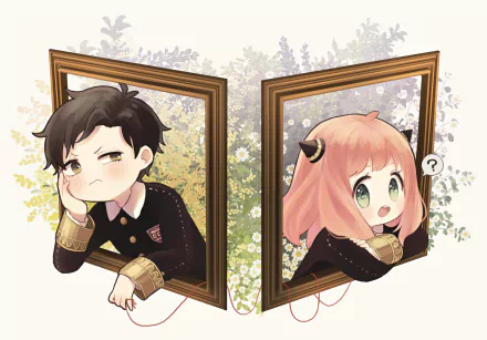 HD PC desktop wallpaper — anime-style Spy x Family scene with Anya Forger and Damian Desmond peeking from gilded picture frames over a floral background; Anya wide-eyed, Damian smirking.