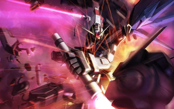 A dynamic HD desktop wallpaper featuring a Mobile Suit Gundam from Gundam Seed, showcasing intense action with vibrant colors and dramatic effects.
