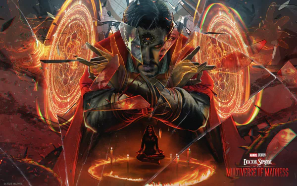 HD desktop wallpaper from the movie Doctor Strange in the Multiverse of Madness, featuring Doctor Strange surrounded by magical symbols and shattered glass with the movie title at the bottom right.