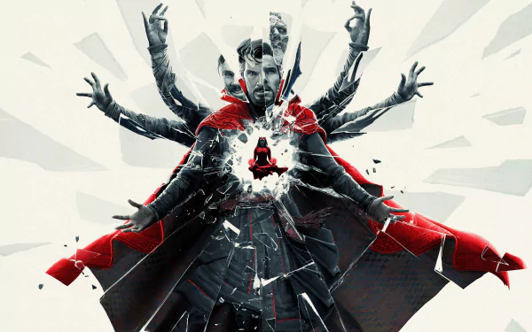 HD PC desktop wallpaper featuring Benedict Cumberbatch as Doctor Strange from the movie Doctor Strange in the Multiverse of Madness, with a shattered glass effect and multiple arms.