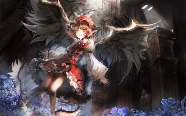 HD PC desktop wallpaper featuring Mystia Lorelei from Touhou, depicted with dark wings and a red outfit in a moody, atmospheric setting with blue flowers.