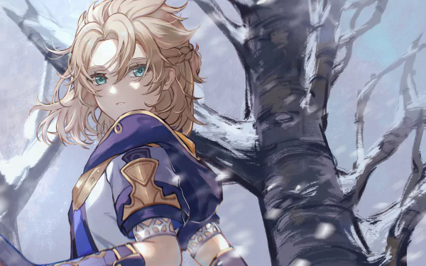 4K Ultra HD PC desktop wallpaper featuring Albedo from the video game Genshin Impact, set against a snowy, serene forest backdrop.