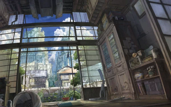 A serene anime room features a vibrant view of a lush landscape and distant buildings, blending nature with artistic interior design. This HD wallpaper adds charm to any desktop background.