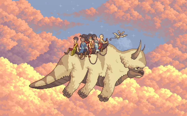 Pixel art HD desktop wallpaper of Appa and characters from Avatar: The Last Airbender flying through a colorful sky, capturing the show's iconic style and adventure.