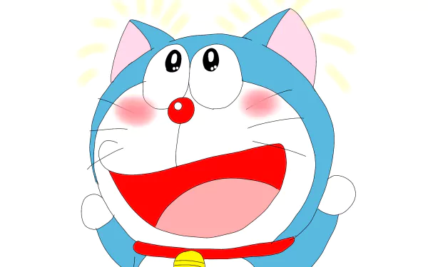 HD PC desktop wallpaper of Doraemon (anime) beaming and blushing, eyes wide and mouth open in joy against a bright, simple background.