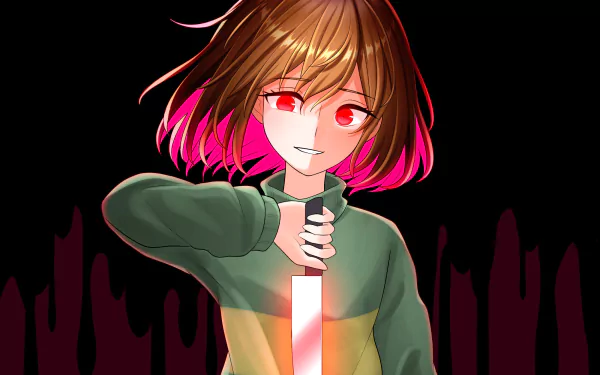HD PC desktop wallpaper featuring Chara from the video game Undertale, showing the character with red eyes and a glowing knife against a dark background.