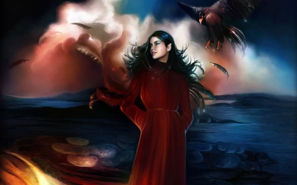 A fantasy scene featuring a figure with black hair and pointed ears, standing in a red cloak. A raven soars overhead amidst dramatic clouds, capturing an enchanting atmosphere.