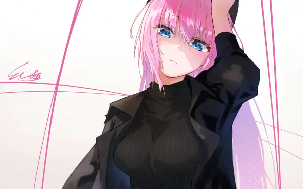 Micchon Shikimori from Shikimori's Not Just a Cutie — anime 2K Quad HD PC desktop wallpaper: pink‑haired girl in a black sweater, blue eyes, hand on head against a pale background.