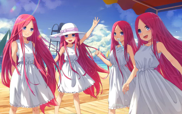 HD PC desktop wallpaper featuring the four Nakano sisters from the anime The Quintessential Quintuplets, dressed in white summer dresses under a bright blue sky.