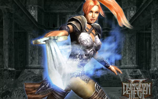 HD PC desktop wallpaper of the video game Dungeon Siege II: armored female warrior with flowing red hair casting a blue magical shield in a dark stone hall.