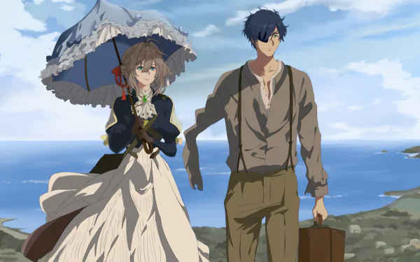 HD anime wallpaper featuring Violet Evergarden holding a parasol and Gilbert Bougainvillea walking along a coastal path under a bright blue sky.