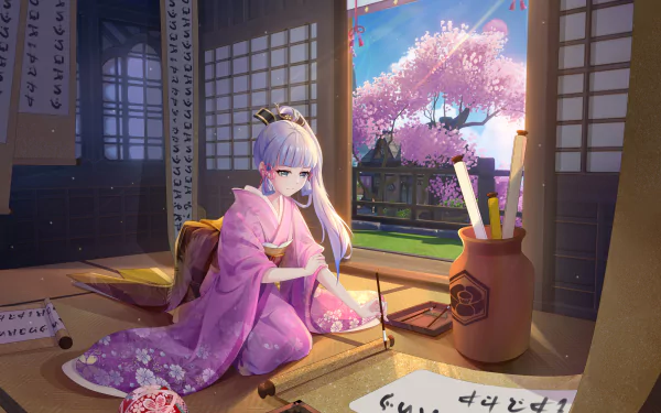 Kamisato Ayaka from Genshin Impact in a traditional room with cherry blossoms visible through the window, featured in a 4K Ultra HD PC desktop wallpaper.