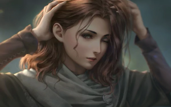 HD PC desktop wallpaper featuring Melina from the video game Elden Ring, showcasing her serene expression and detailed character design in a soft, muted color palette.