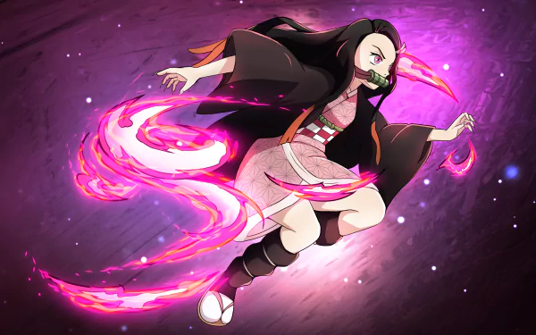 HD PC desktop wallpaper of Nezuko Kamado from Demon Slayer: Kimetsu no Yaiba, depicted in dynamic action with glowing pink flames surrounding her.