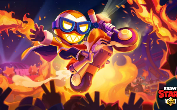 HD PC desktop wallpaper featuring a fiery, action-packed scene from the video game Brawl Stars with a dynamic character on a motorcycle surrounded by flames.